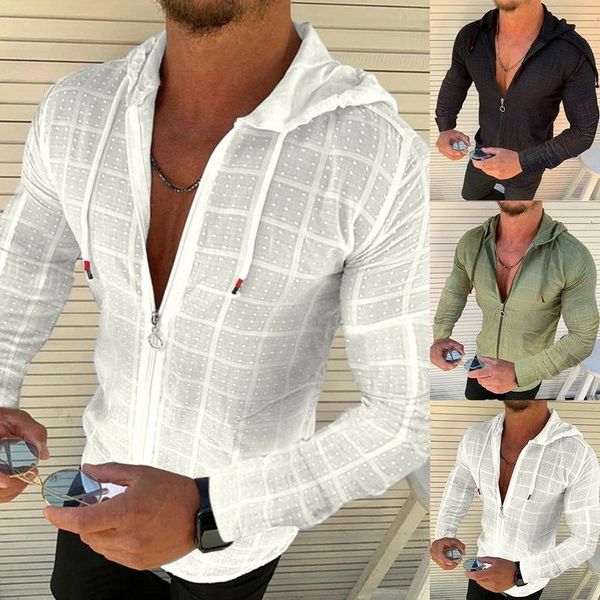 

men's casual shirts short and long sleeves summer european american fitness running sports v-neck zipper hooded striped shirt loose, White;black