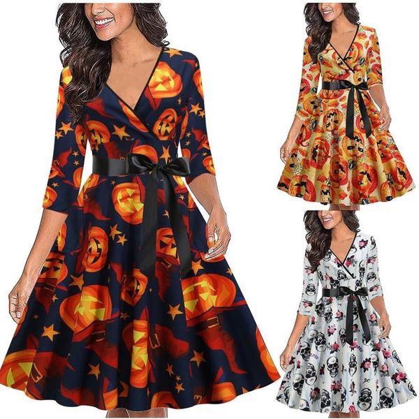 

casual dresses halloween costumes for women cosplay fashion pumpkin skeleton printed 3/4 sleeve swing dress plus size long, Black;gray