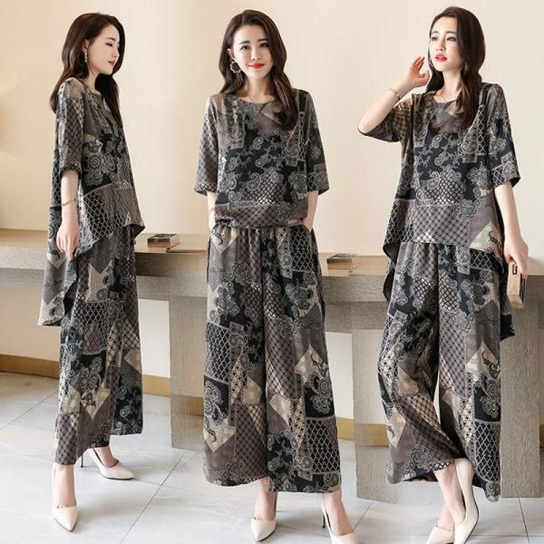 

spring sets for women 2021 casual tracksuit 2 pieces outfit pants suit milk silk ethnic printed loose set plus size women's t-shirt, White