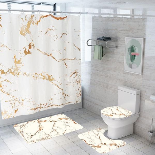 

bath mats marble-printed shower curtain floor mat bathroom set 4pcs toilet anti-slip rugs waterproof curtains
