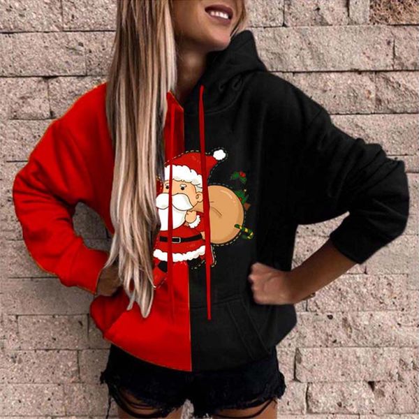 

women's hoodie christmas print pattern sweatshirt red and black patchwork long sleeve