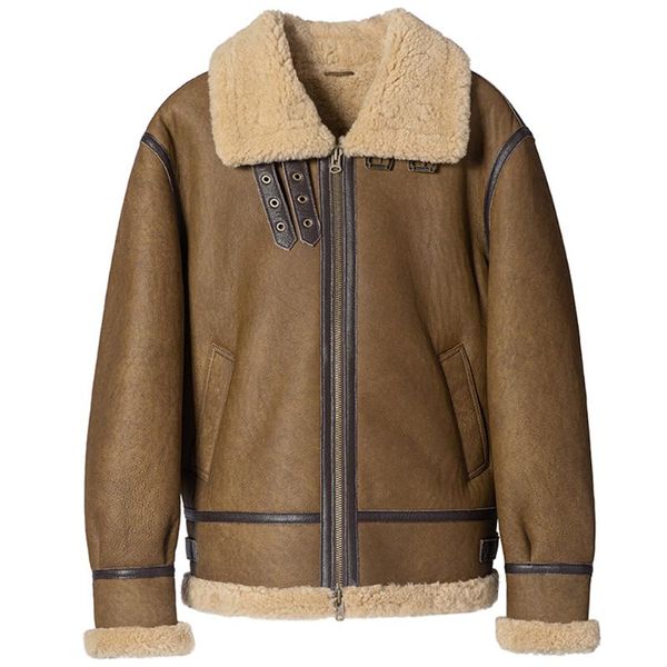 

men's leather & faux b3 bomber jacket fur brown color sheepskin shearling mens, Black