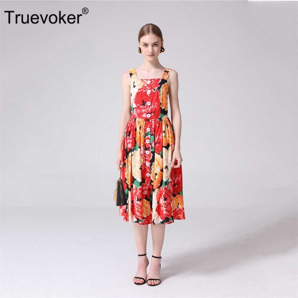 

truevoker summer designer holiday dresse's high end multicolor floral front buttons mid calf spaghetti strap vestidos 210602, Black;gray