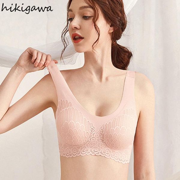 

bras hikigawa latex seamless push up bra traceless gathers women lingerie wireless lace front comfortable underwear bralette, Red;black