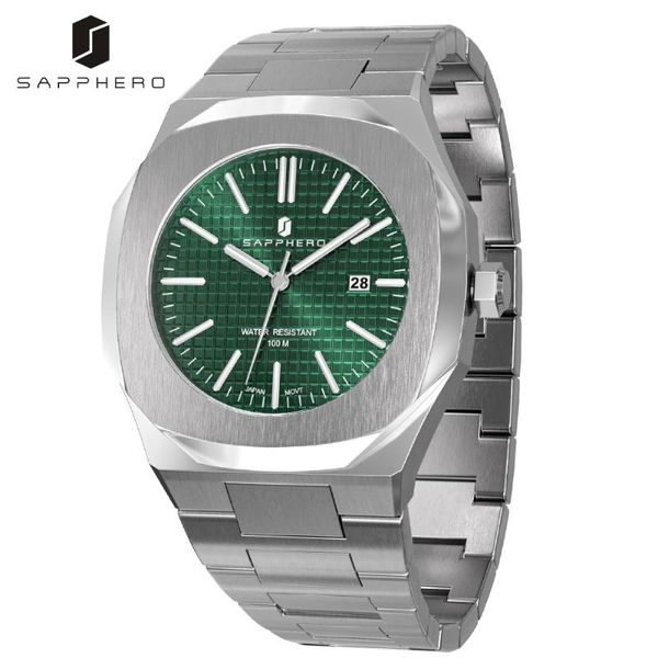 

wristwatches sapphero stylish watch for men miyota quartz movement stainless steel auto date 100m waterproof sport mens watches reloj hombre, Slivery;brown
