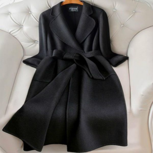 

women's wool & blends high end double sided cashmere overcoat women 2021 autumn winter korean white long lacing belt loose plus size 10, Black