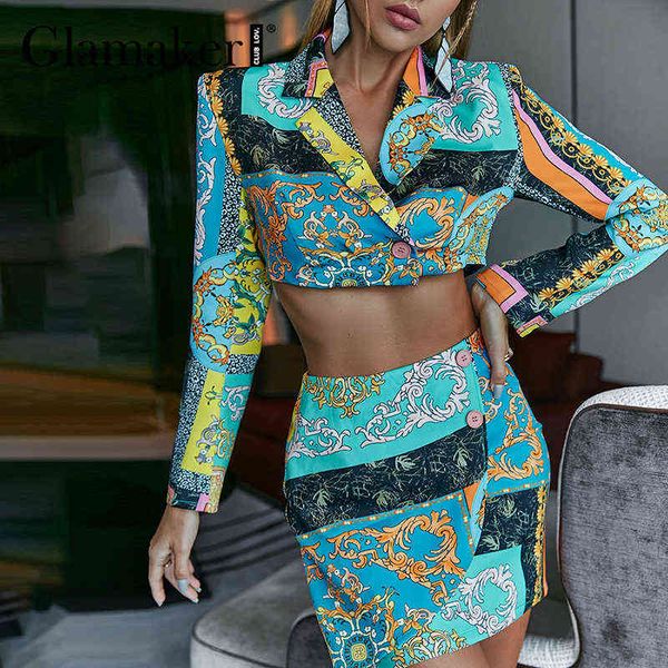 

glamaker chinese style blazer jacket skirts suits v neck cropped coat and irregular mini skirt women printed green chic 211119, White
