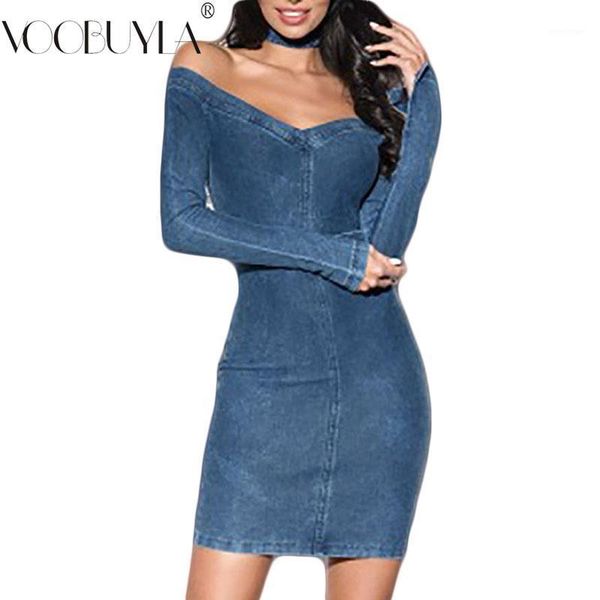 

casual dresses voobuyla women long sleeve jean dress 2021 spring denim blue slash neck loose vestido feminino size s-xl, Black;gray