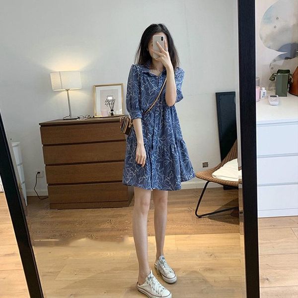 

casual dresses early autumn 2021 bohemian floral seven-point sleeve shirt skirt women vintage retro lapel a-line age reduction dress, Black;gray