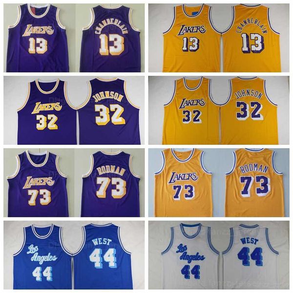 Erkekler Retro Basketbol Dennis Rodman Jersey 73 Vintage Wilt Chamberlain 13 Johnson 32 Jerry Batı 44 Sarı Mor Mavi Beyaz Dikişli