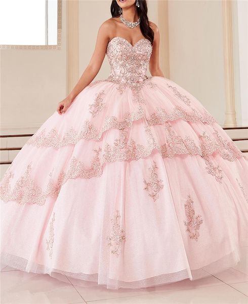 Vestido de baile rosa Quinceanera vestidos de renda de miçangas Cristais Cristais Mutli-camadas vestido de 15 anos sweet 16 usa com jaqueta