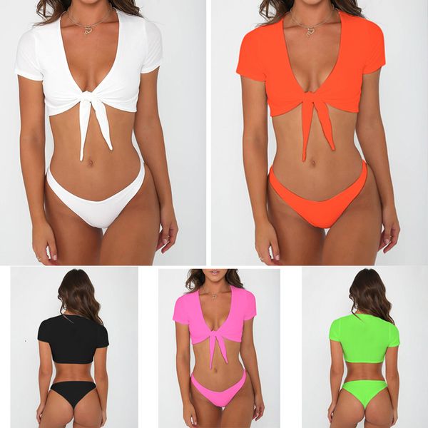 

2021 bandage knot deep v swimsuit bikini, White;black