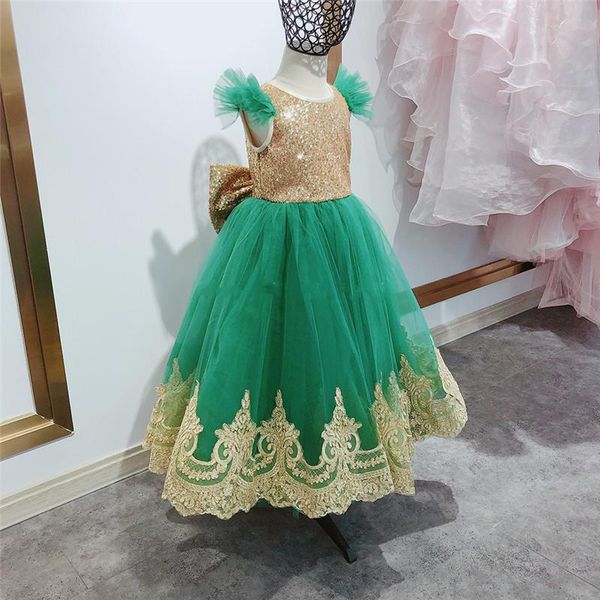 

girl's dresses real picture green girls gold sequined applique lace flower girl dress princess birthday size 1-16y, Red;yellow
