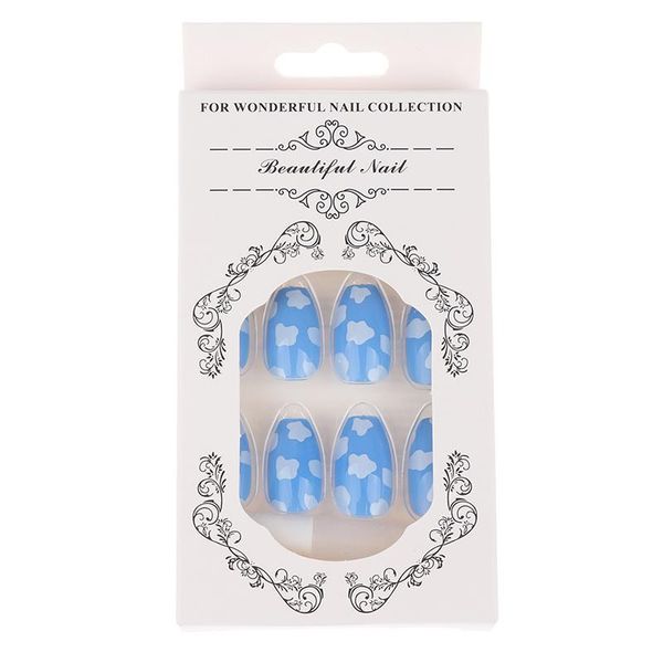 

false nails short ballet fake sky blue beach cloud nail patch waterproof, Red;gold