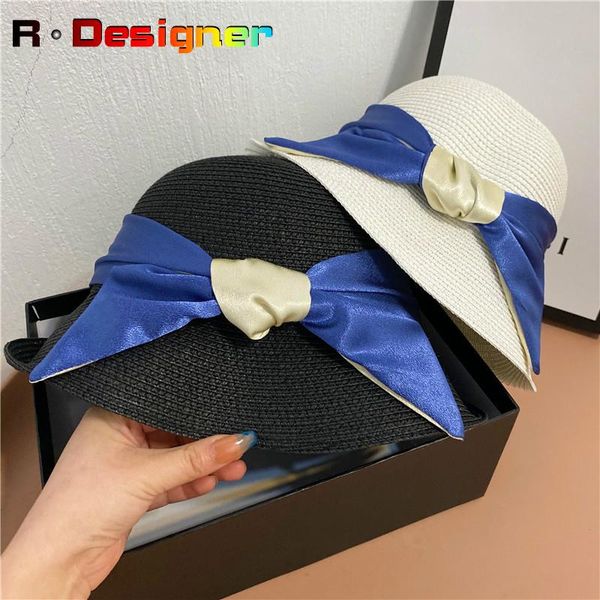 

wide brim hats korean panama straw hat temperament hit color big bow fisherman japanese silk sunscreen sun visor elegant female, Blue;gray