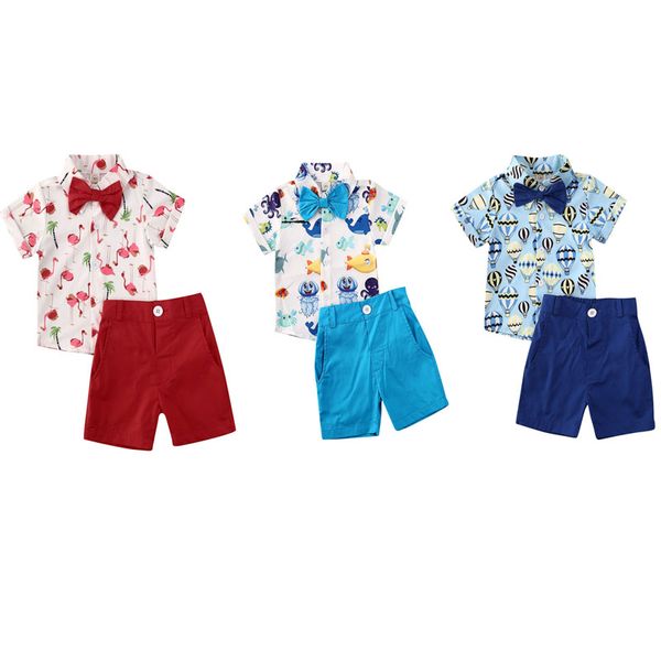 

1-5years short sleeve printed shirt + shorts 2pcs set for toddler kids baby boys summer clothes beach outfits, White