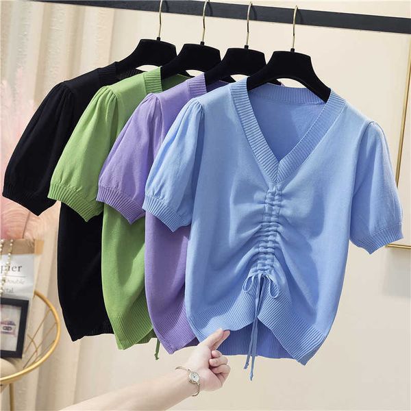 

4xl casual solid knitted short sleeve women summer thin short t-shirt fashion plus size 4xl v-neck tees female 210604, White;black