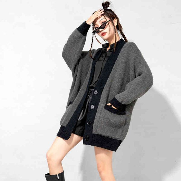 

women's blouses & shirts [eam] gray big size knitting cardigan sweater loose fit v-neck long sleeve women fashion autumn winter 2022 1d, White