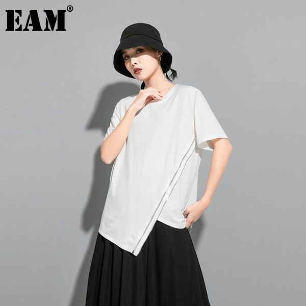 

women's t-shirt [eam] women white irregular zipper split big size round neck short sleeve fashion tide spring summer 2021 1u509