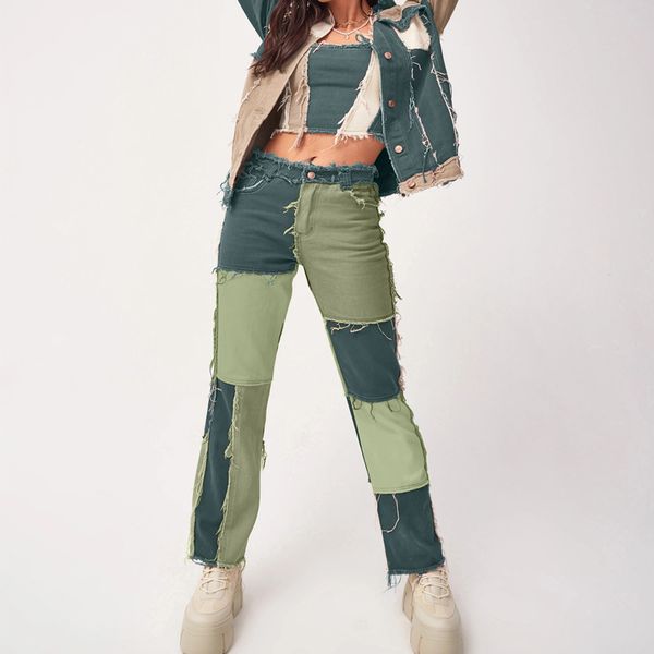 

streetwear patchwork tassel woman jeans straight casual contrast color long denim pants vintage autumn emerald green slim jeans, Black;white