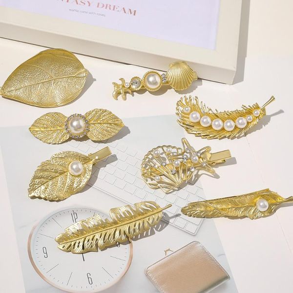 

hair accessories fashion retro metal alloy clip feather leaf pearl duckbill hairpin side for women girl party