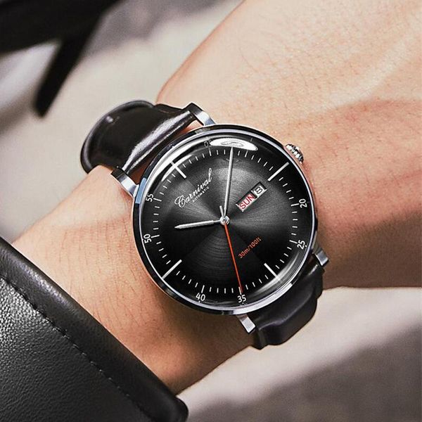 

wristwatches carnival casual fashion trend men's mechanical watch 30m waterproof week calendar leather strap watches relogio masculin, Slivery;brown