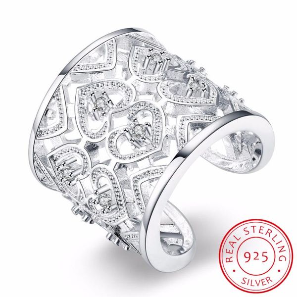 

cluster rings 925 sterling silver jewelry fine big wide fresh fashion simple heart-shaped love hollow open hole, Golden;silver