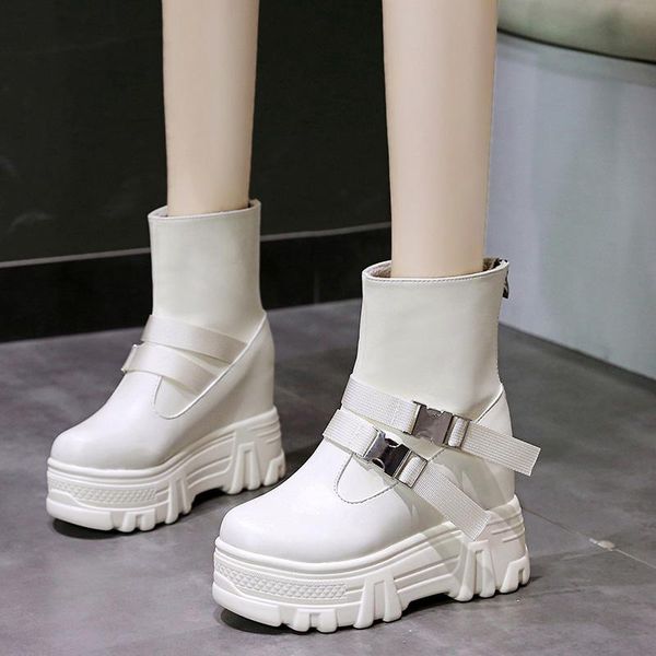 

boots platform wedge ankle women shoes 2021 hidden heel metal buckle chunky short black beige botines mujer
