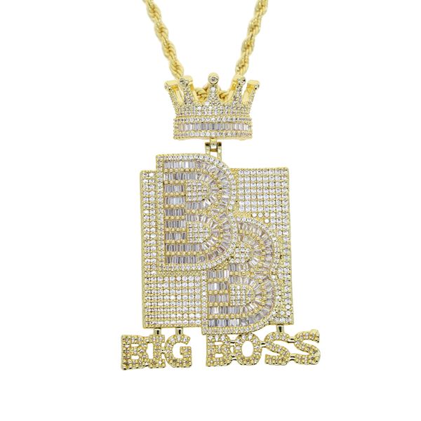 Big Boss Letters Crown Shaped Initial Halskette Anhänger mit Seilkette Iced Out Bling 5A Kubikzircon Hip Hop Herren Jungen Schmuck