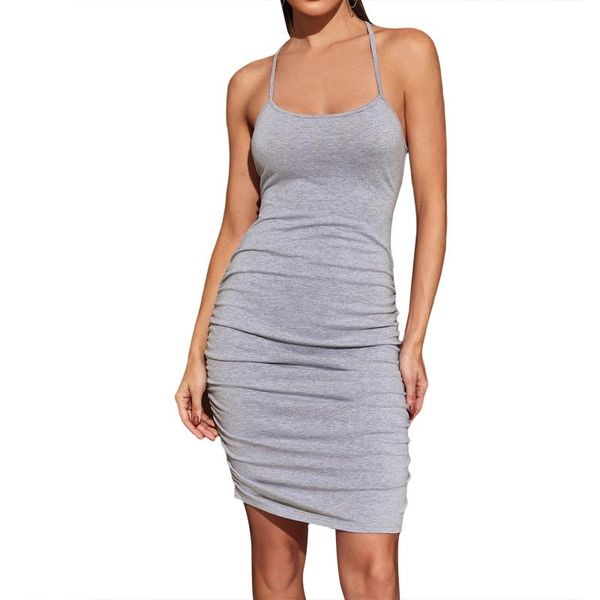 

casual dresses women backless lace-up dress stylish sleeveless ruched solid color for ladies, Black;gray