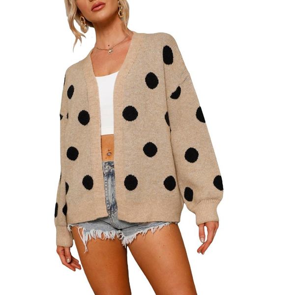 

women's knits & tees autumn winter women dot pattern casual loose sweater adults long sleeve open front knitwear khaki/gray, White