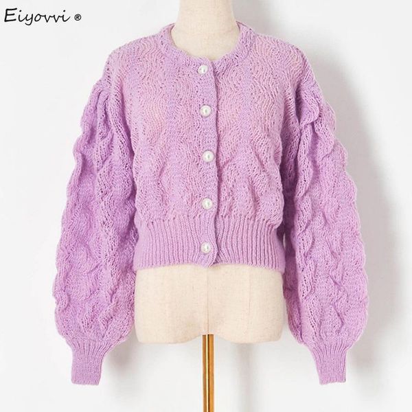 

women's knits & tees 2021 autumn winter cardigan thick needle button rope hollow pearl lantern sleeve knitted sweater casual, White