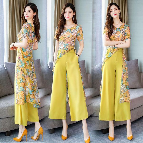 

women's two piece pants fashion printed long chiffon blouse and high waist wide leg suits sets trousers pantsuit female outfits, White