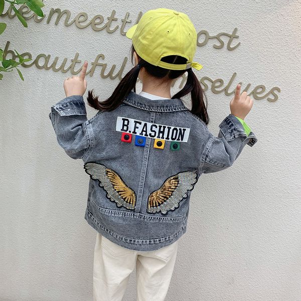 

classic baby girls clothes denim jackets back spliced sequin 3d wings outers toddler kids boys girls fashion coats 2021 autumn, White