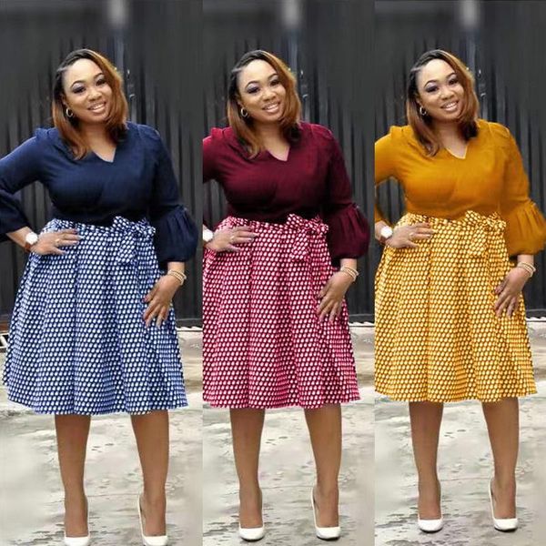 

ethnic clothing women dresses african print polka dot lady robes puff sleeve bowtie midi dress elegant femme pleated party gown, Red