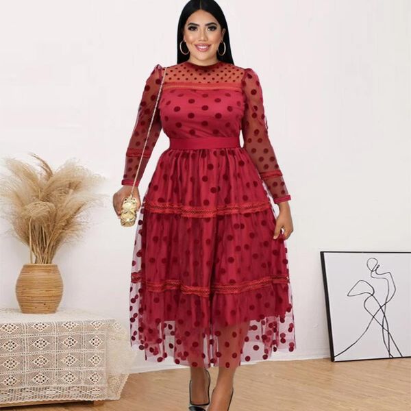 

plus size dresses long sleeve tulle dress polka dot classy a line slim fit midi women see through lady evening party gowns 5xl, Black