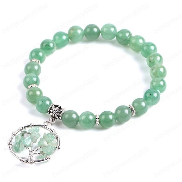 

7 chakras natural stones green aventurine bracelets bangles yoga mala beads healing for women tree of life pendant, Black