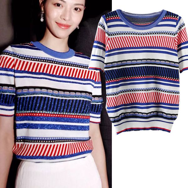 

t shirt summer star same sweater short sleeve pullover ice silk thin stripe slim women's top, White