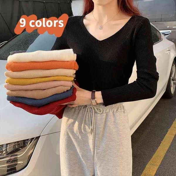 

autumn knitted slim sweaters women long sleeve v neck solid color sweaters pullovers female cotton soft elastic pullovers, White;black
