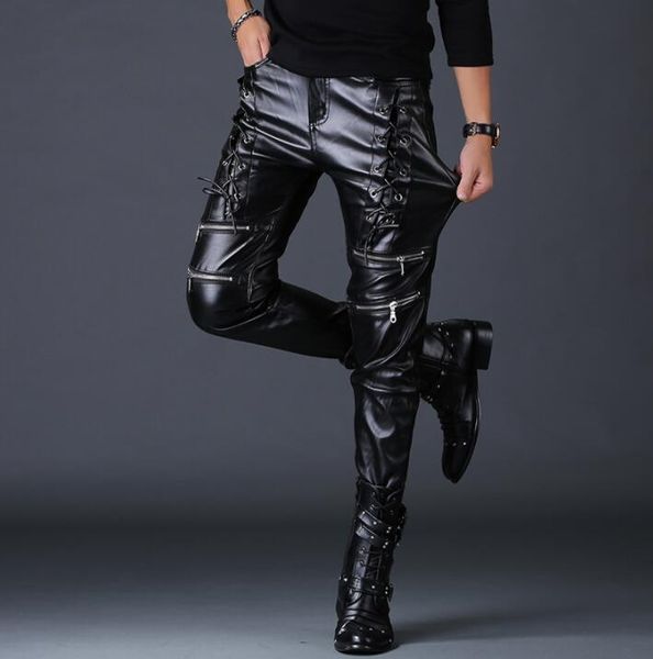

men's pants autumn winter motorcycle faux leather mens harem personality fashion bandage pu trousers for men pantalon homme, Black