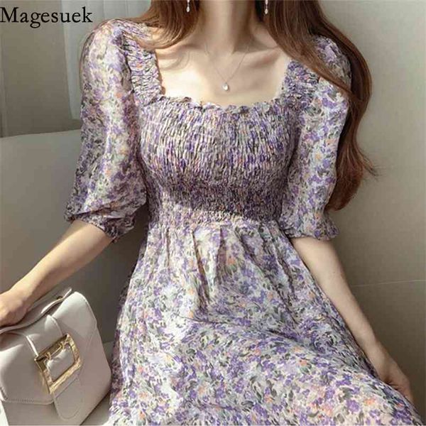 

square collar summer floral dress woman puff sleeve long es for women casual elegant party chiffon vestidos 13853 210512, Black;gray
