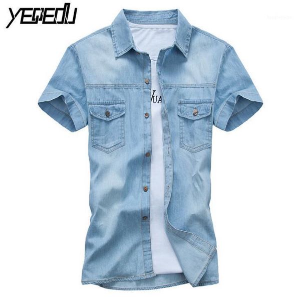

men's casual shirts #4705 2021 slim cotton denim shirt men fashion short sleeve vetement homme mens clothing camisa hombre jeans, White;black