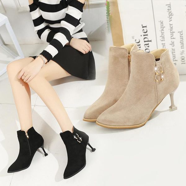

boots women's bare slim short cat heel pointed high winter plush, Black