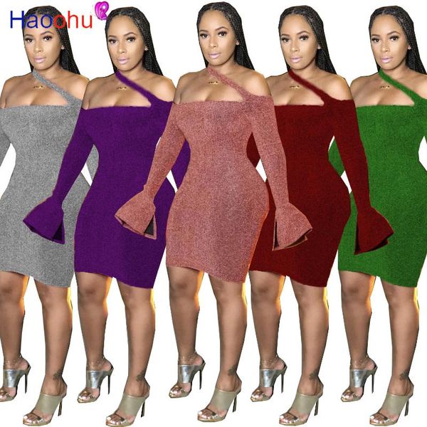 

casual dresses autumn flare long sleeve party dress 2021 spring solid off shoulder mini short women elegant slim fit vestido, Black;gray