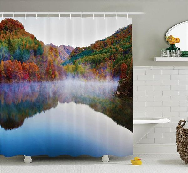 

shower curtains lake house curtain magical and mountain landscape in the autumn fall heavenly spaces earth bathroom