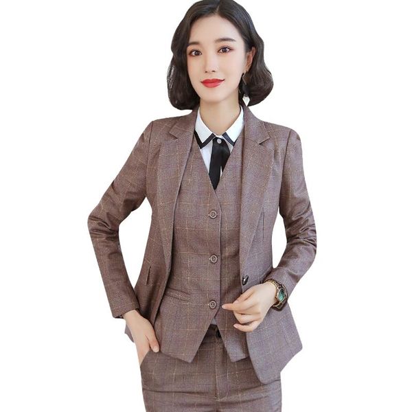 

autumn winter professional khaki plaid uniform business suits with pants office blazer set for women work women's two piece, White