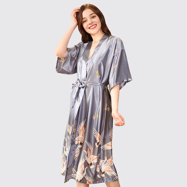 

new style ladies satin robe dress gown women elegant print nightgowns kimono bathrobe flower nightdress plus size -3xl, Black;red