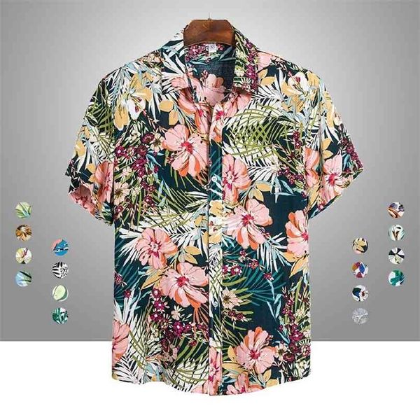 

men summer hawaiian aloha shirt male linen short sleeve floral loose baggy casual holiday s tee 210809, White;black