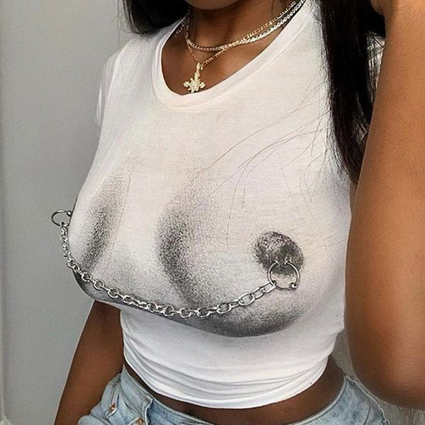 

women's t-shirt funny printed t shirt women cute o-neck short sleeve chain detail female graphic tee, White