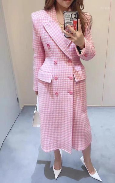 

women's wool & blends 2021 french minimal street style pink houndstooth double breasted fall coat, Black
